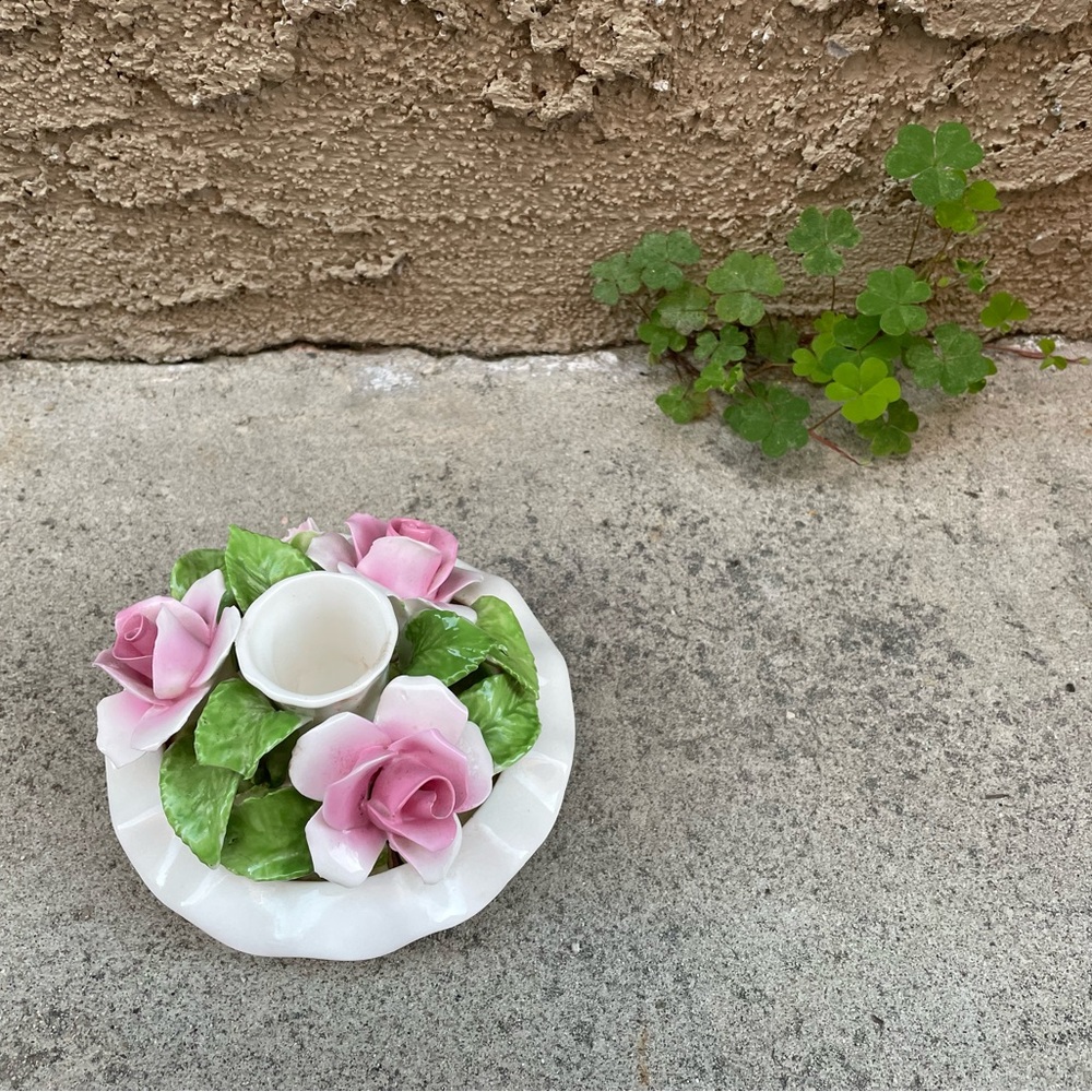 Vintage , White Porcelain, Floral Candle Stick Holder